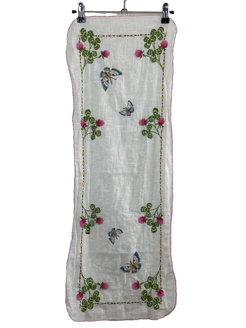 Vintage Embroidered Table Runner with Butterflies & Flowers